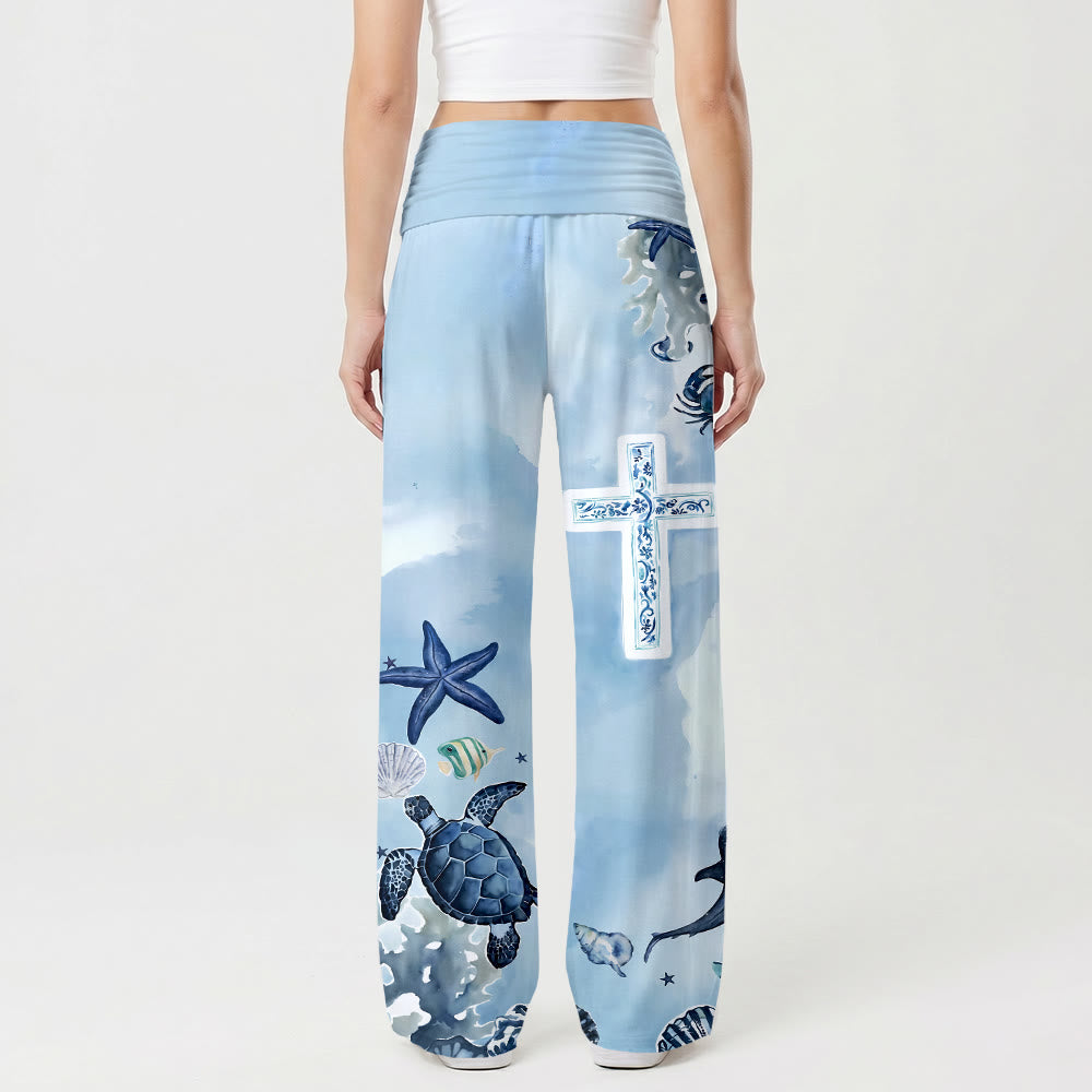Christianartworkshop Océan Vie Marine Motif Bleu et Blanc Imprimé Croix All Over Pantalon Taille Haute Jambes Larges - image 1