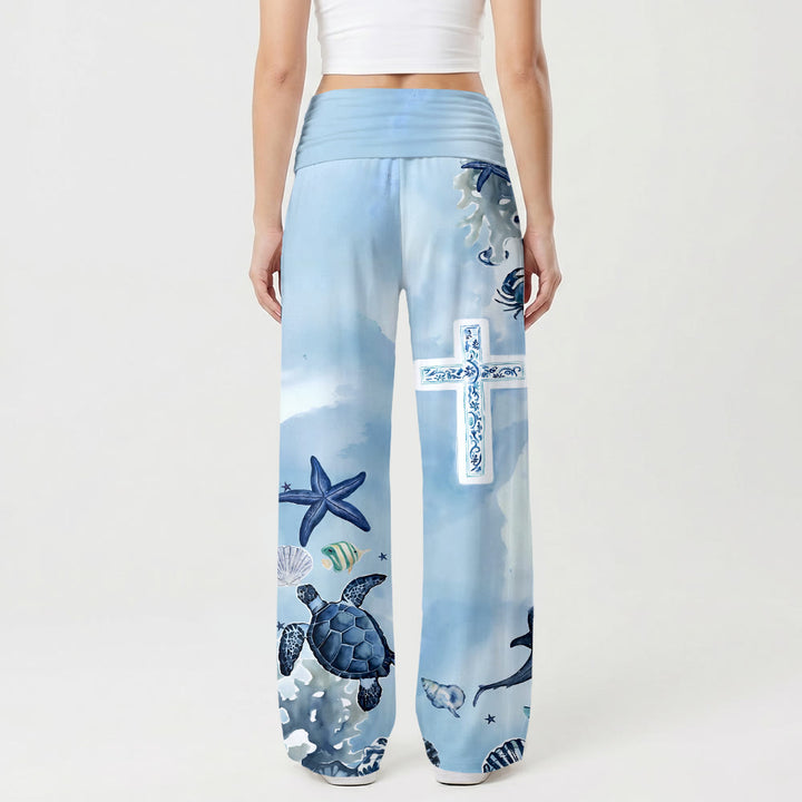 Christianartworkshop Océan Vie Marine Motif Bleu et Blanc Imprimé Croix All Over Pantalon Taille Haute Jambes Larges - image 1