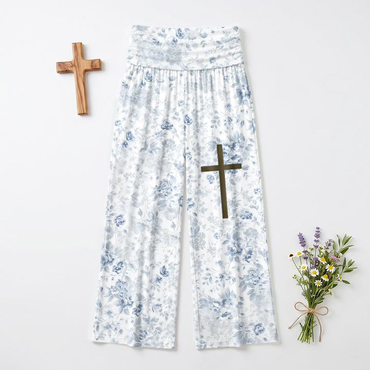 Pantalon femme à jambes larges imprimé intégral feuille délicate en fleurs, croisé sur le devant, taille repliée sur la cuisse et accentué par un revers. - image 2