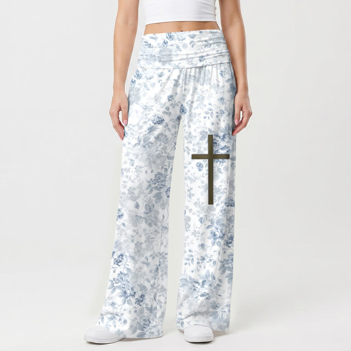 Pantalon femme à jambes larges imprimé intégral feuille délicate en fleurs, croisé sur le devant, taille repliée sur la cuisse et accentué par un revers. - US22, UK/AU26, EU54 (6XL) - image 0
