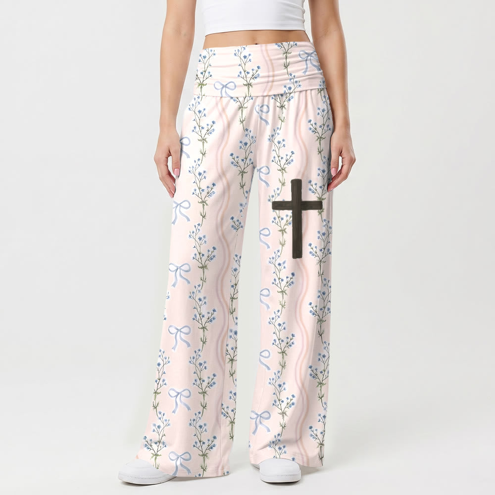 Christianartworkshop Pantalon à rayures et nœuds floraux verticaux imprimé intégral, croix en bois sur la cuisse, revers taille haute et jambes larges - US22, UK/AU26, EU54 (6XL) - image 0