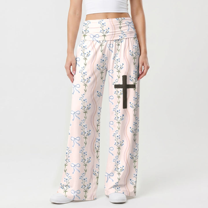 Christianartworkshop Pantalon à rayures et nœuds floraux verticaux imprimé intégral, croix en bois sur la cuisse, revers taille haute et jambes larges - US22, UK/AU26, EU54 (6XL) - image 0