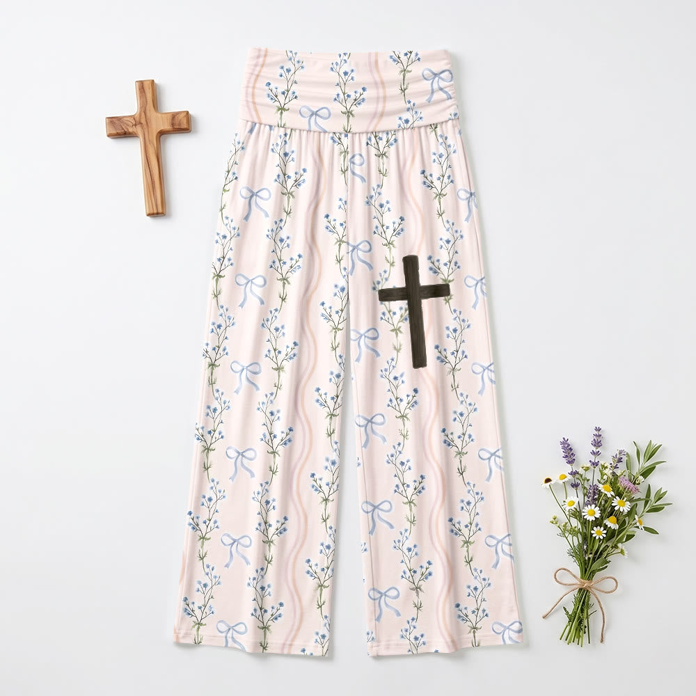 Christianartworkshop Pantalon à rayures et nœuds floraux verticaux imprimé intégral, croix en bois sur la cuisse, revers taille haute et jambes larges - image 2