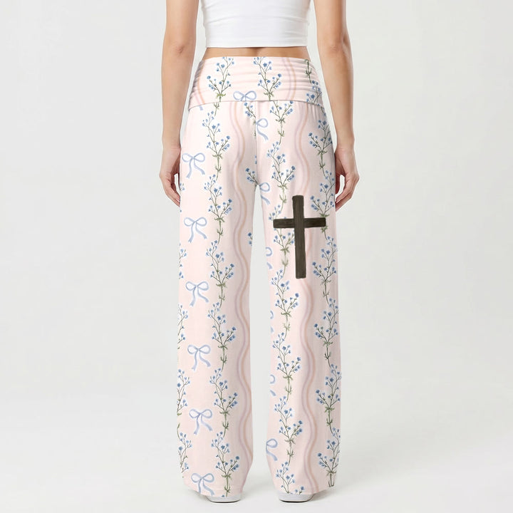 Christianartworkshop Pantalon à rayures et nœuds floraux verticaux imprimé intégral, croix en bois sur la cuisse, revers taille haute et jambes larges - image 1
