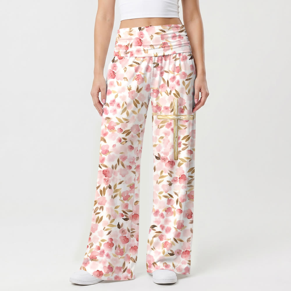 Pantalon taille haute à jambes larges, imprimé feuille blush aquarelle Christianartworkshop - US22, UK/AU26, EU54 (6XL) - image 0