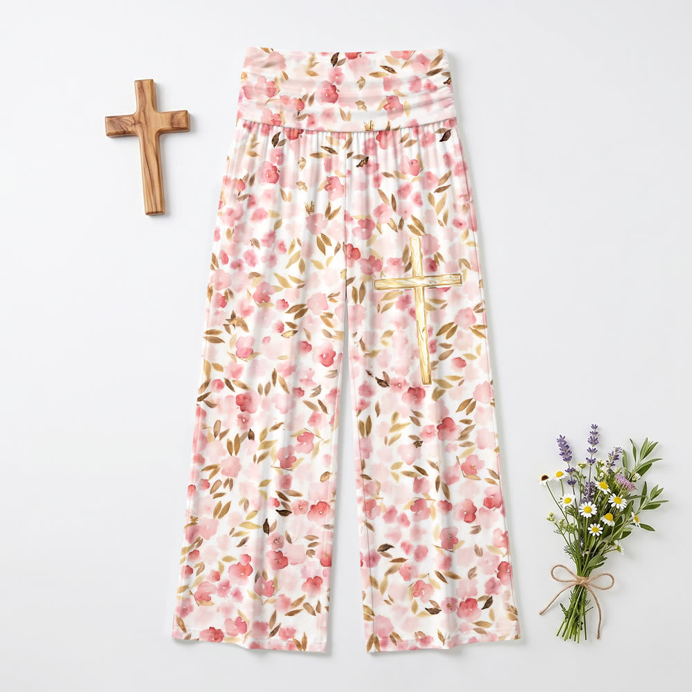 Pantalon taille haute à jambes larges, imprimé feuille blush aquarelle Christianartworkshop - image 2