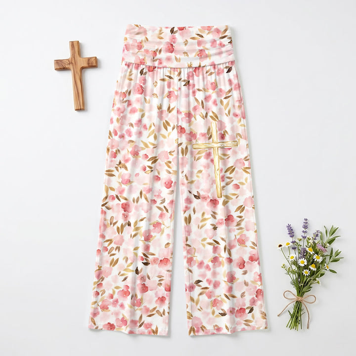 Pantalon taille haute à jambes larges, imprimé feuille blush aquarelle Christianartworkshop - image 2