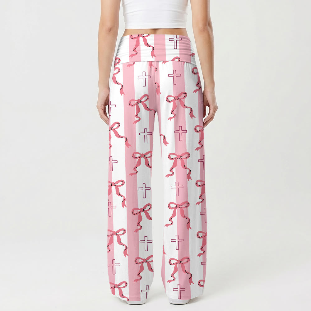 Pantalon à rayures verticales, nœud papillon et imprimé croix, taille haute et jambes larges, revers , Christianartworkshop - image 1