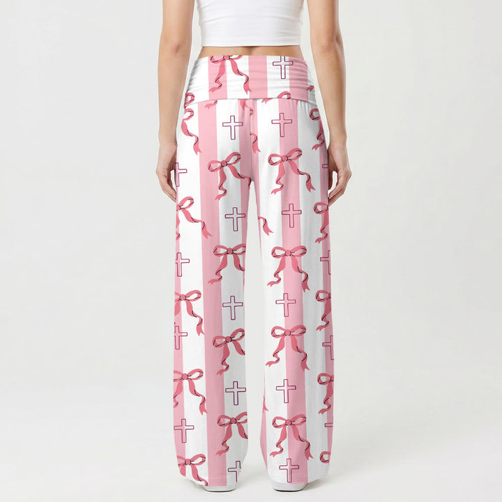 Pantalon à rayures verticales, nœud papillon et imprimé croix, taille haute et jambes larges, revers , Christianartworkshop - image 1
