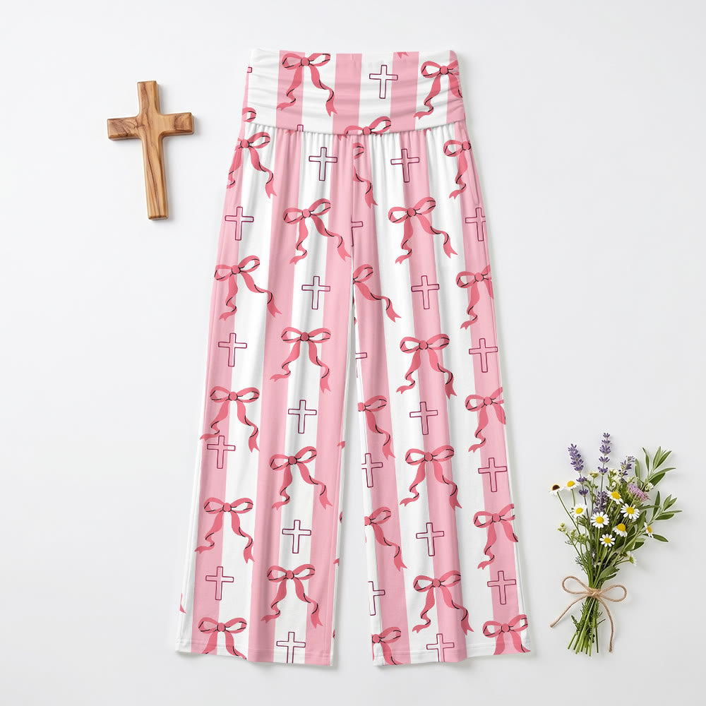 Pantalon à rayures verticales, nœud papillon et imprimé croix, taille haute et jambes larges, revers , Christianartworkshop - image 2