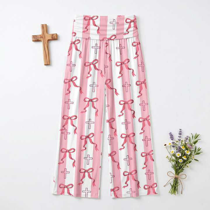 Pantalon à rayures verticales, nœud papillon et imprimé croix, taille haute et jambes larges, revers , Christianartworkshop - image 2