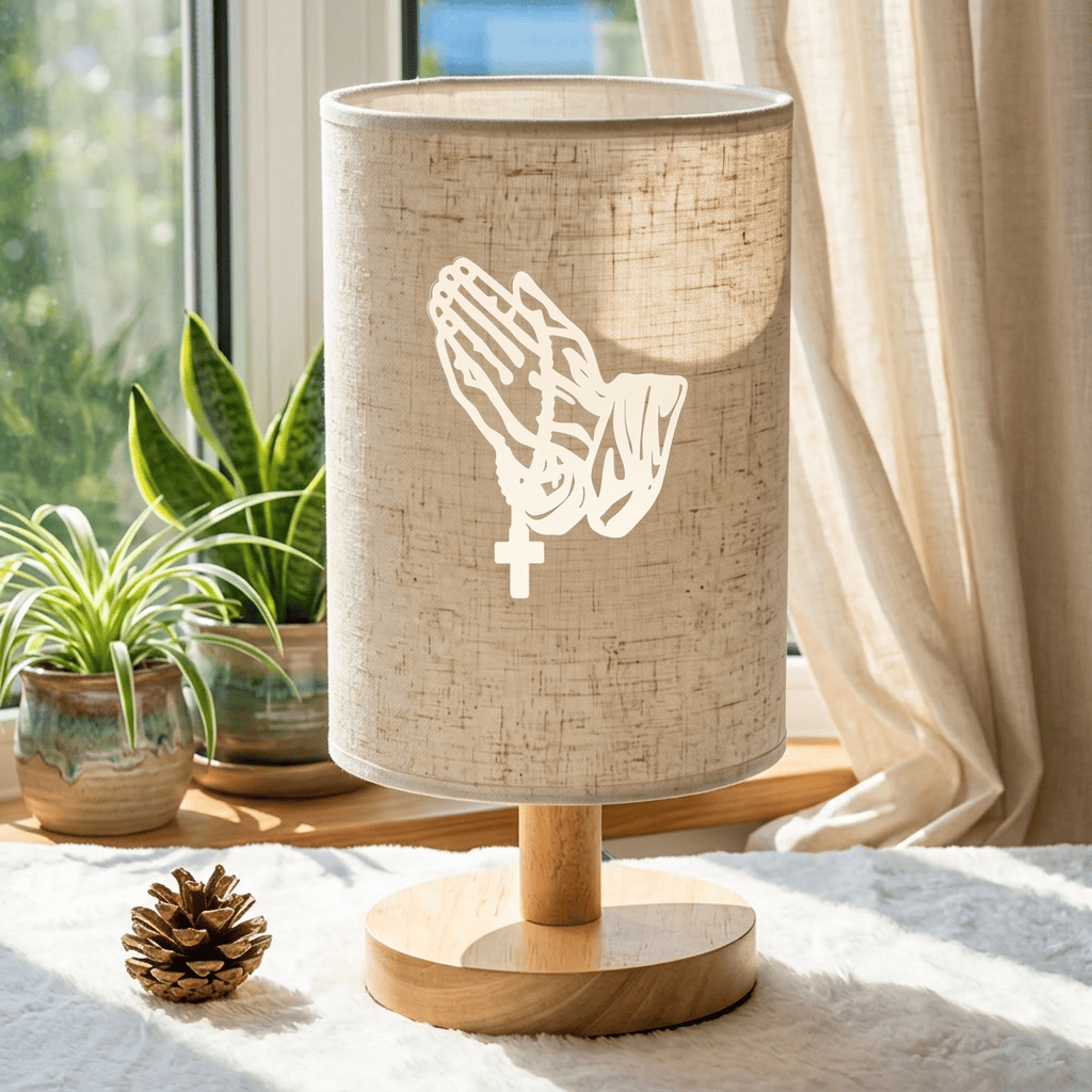 Christianartworkshop Lampe de table avec pied en bois naturel, abat-jour en tissu et motif de mains jointes en croix : un symbole de calme et de sérénité nocturne. - image 3