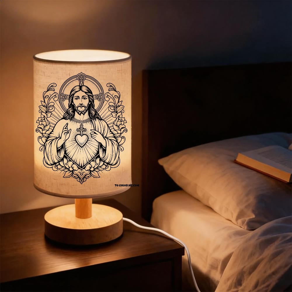 Christianartworkshop Lampe de chevet avec icône du Sacré-Cœur, cadre floral vintage, portrait, veilleuse douce et chaleureuse. - Sacré-Cœur et Jésus - image 0