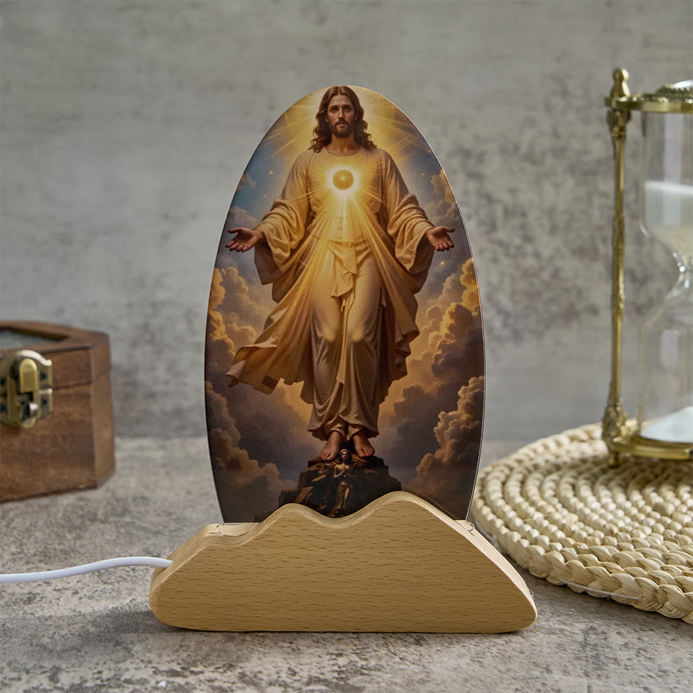 Christianartworkshop Lampe de table à motif de rayonnement divin et de ciel nuageux, imprimée sur un imprimé sacré, veilleuse apaisante pour un repos réparateur. - Jésus - image 0