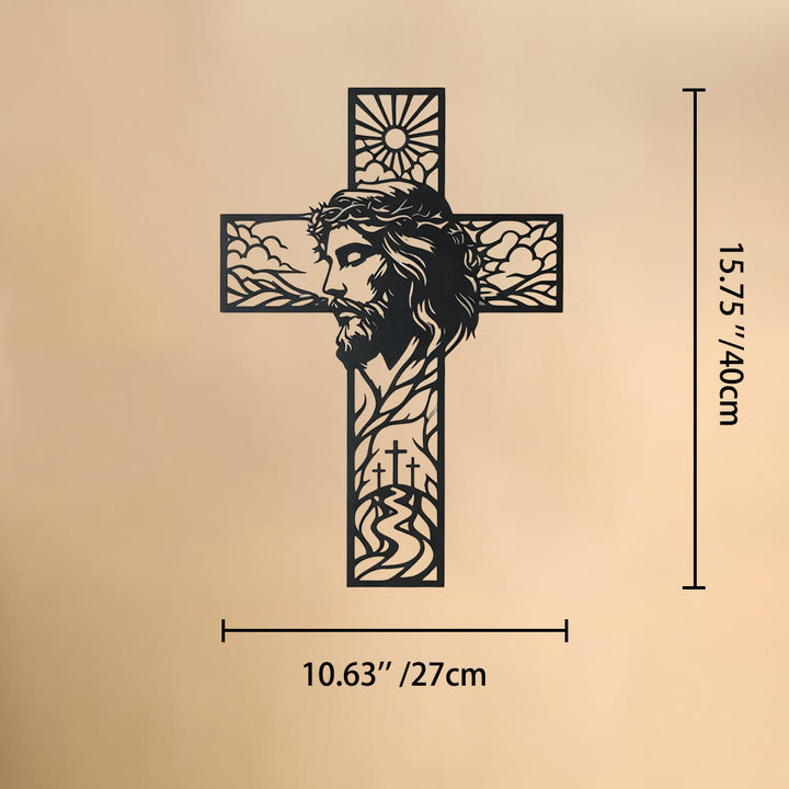 Christianartworkshop Décoration murale en métal Croix de profil Jésus, paysage de soleil et de colline : emblème intemporel de la grâce céleste et de l’espoir éternel - 10,63''*15,75''*0,04''/27cm*40cm*0,1cm - image 7