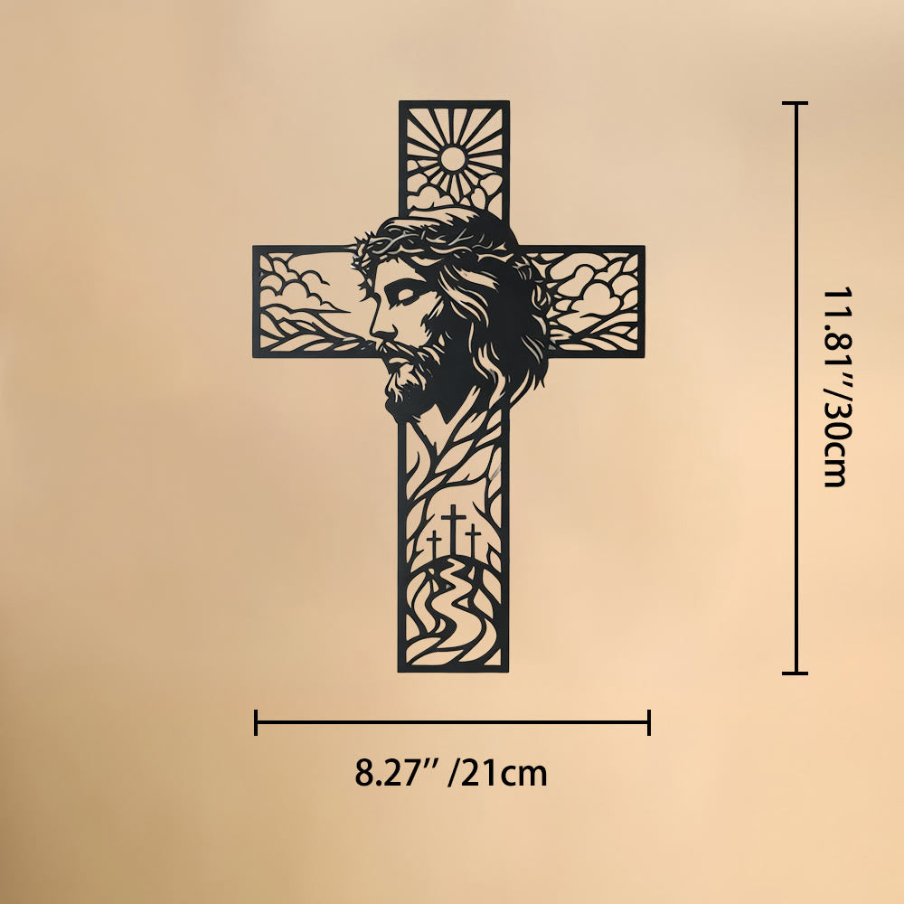 Christianartworkshop Décoration murale en métal Croix de profil Jésus, paysage de soleil et de colline : emblème intemporel de la grâce céleste et de l’espoir éternel - 8,26''*11,81''*0,04''/21cm*30cm*0,1cm - image 6
