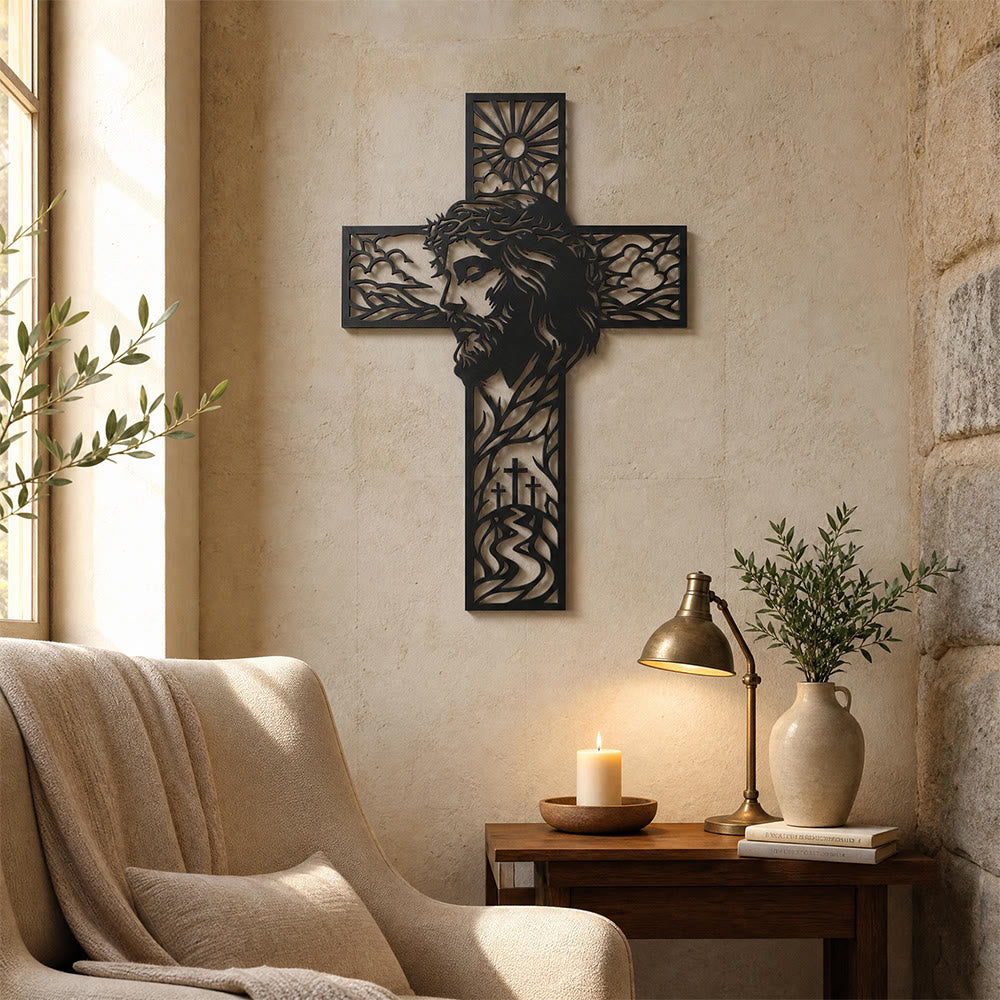 Christianartworkshop Décoration murale en métal Croix de profil Jésus, paysage de soleil et de colline : emblème intemporel de la grâce céleste et de l’espoir éternel - image 4