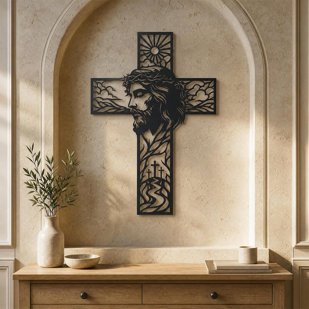 Christianartworkshop Décoration murale en métal Croix de profil Jésus, paysage de soleil et de colline : emblème intemporel de la grâce céleste et de l’espoir éternel - image 0