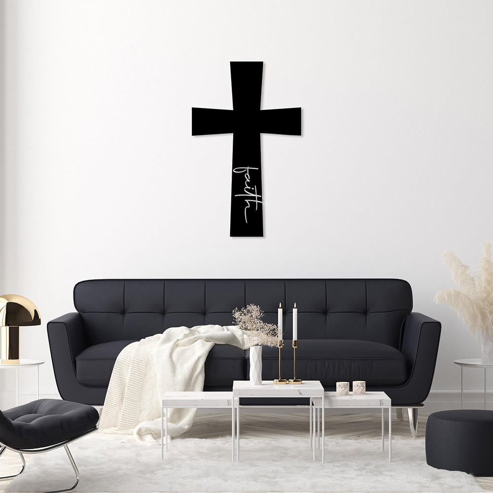 Christianartworkshop Croix minimaliste en métal massif avec inscription cursive verticale « Foi » : emblème intemporel d’une conviction spirituelle inébranlable - image 1
