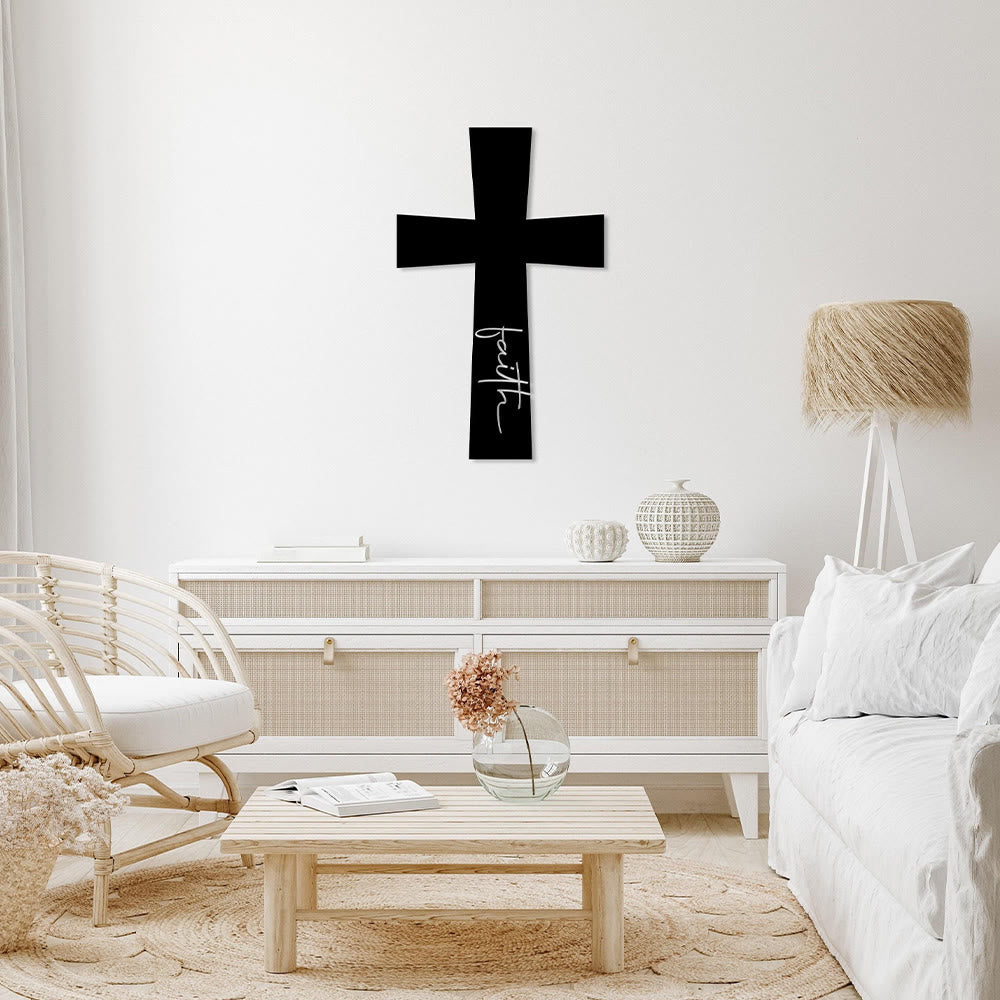 Christianartworkshop Croix minimaliste en métal massif avec inscription cursive verticale « Foi » : emblème intemporel d’une conviction spirituelle inébranlable - image 0