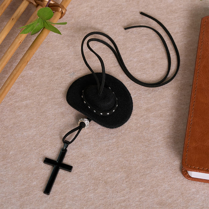 Christianartworkshop Chapeau de cowboy en peluche style western, pendentif croix noire simple pour voiture : un rappel de paix spirituelle inébranlable à chaque trajet. - image 5