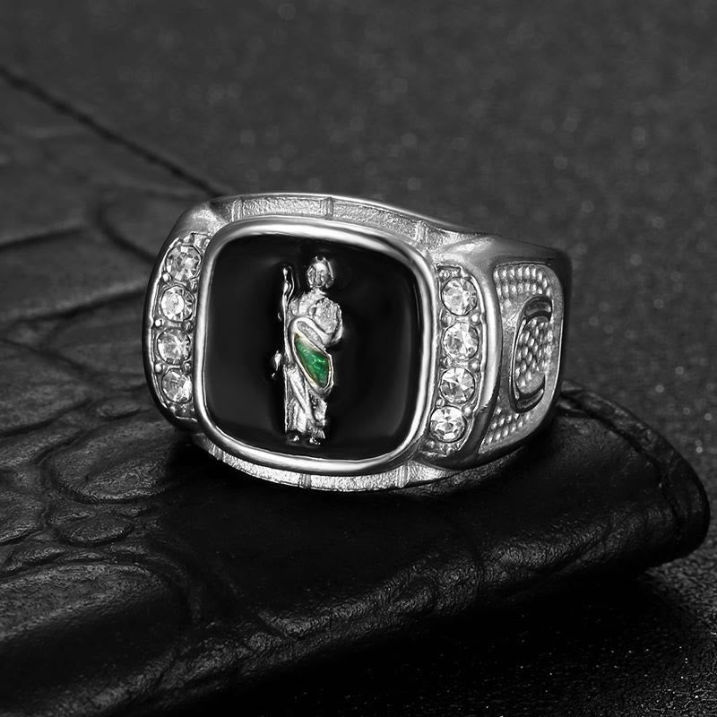 Christianartworkshop Bague chevalière sculptée de Saint Jude en pierre encadrée : emblème intemporel d’une foi inébranlable. - Argent - US 13 - image 3