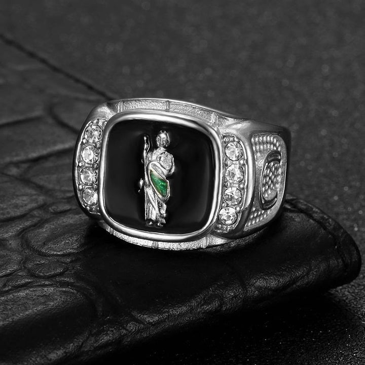 Christianartworkshop Bague chevalière sculptée de Saint Jude en pierre encadrée : emblème intemporel d’une foi inébranlable. - Argent - US 13 - image 3