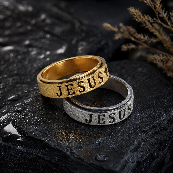 Christianartworkshop Bague anti-anxiété avec croix gravée du texte de Jésus : emblème intemporel d’une foi sacrée inébranlable - image 0