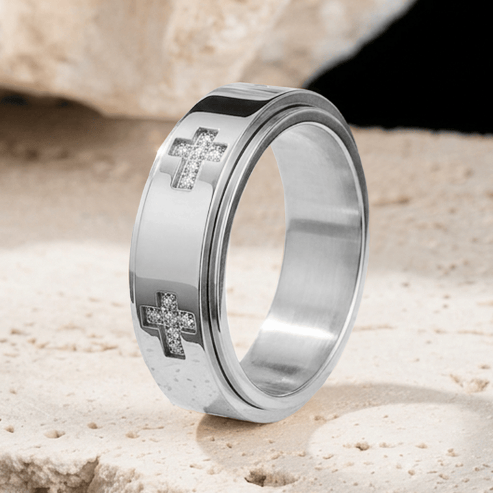 Christianartworkshop Bague anti-anxiété à double couche avec croix rotative : emblème intemporel d’un refuge céleste éternel - Argent - US 12 - image 5