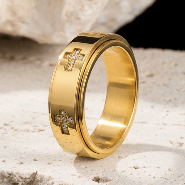 Christianartworkshop Bague anti-anxiété à double couche avec croix rotative : emblème intemporel d’un refuge céleste éternel - Doré - US 12 - image 3