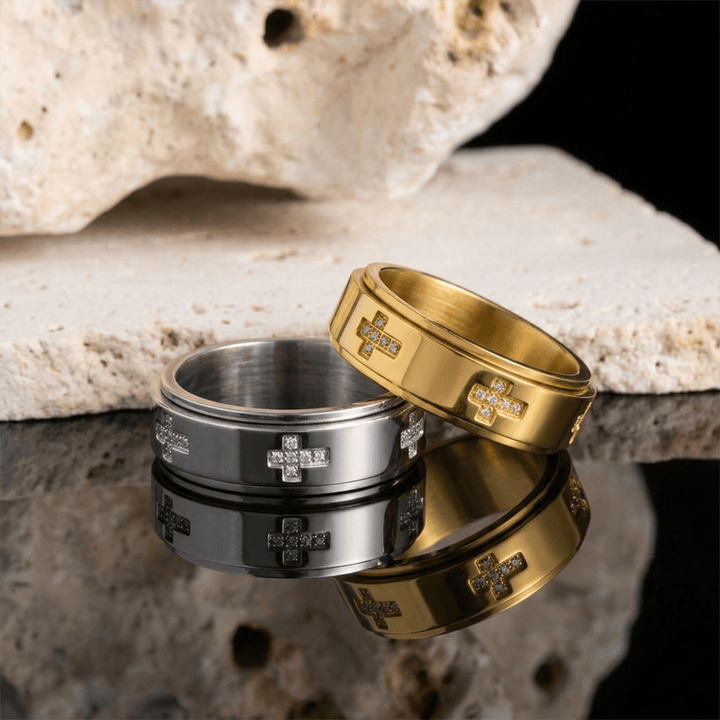 Christianartworkshop Bague anti-anxiété à double couche avec croix rotative : emblème intemporel d’un refuge céleste éternel - image 0