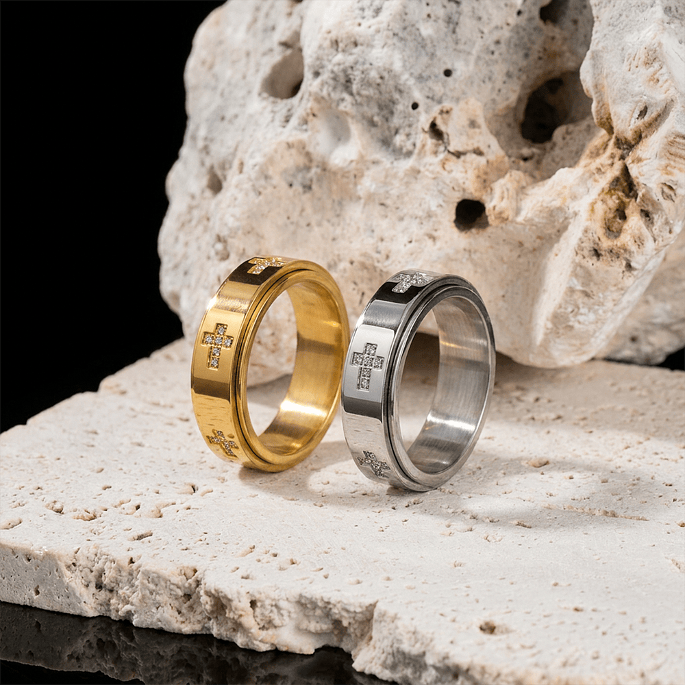 Christianartworkshop Bague anti-anxiété à double couche avec croix rotative : emblème intemporel d’un refuge céleste éternel - image 1