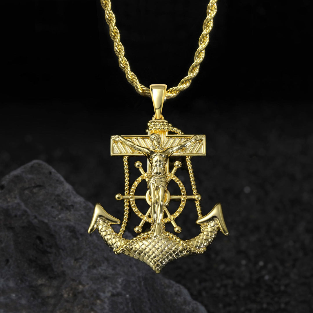 Christianartworkshop Pendentif ancre crucifix à roue de navire intégrée : emblème intemporel d’une confiance spirituelle inébranlable - Crucifix - image 0