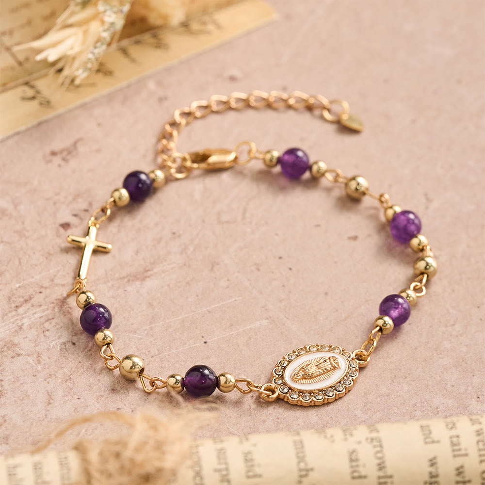 Christianartworkshop Bracelet ajustable avec plaque ovale en pierre naturelle et croix Notre-Dame : emblème personnalisé de la foi céleste inébranlable - image 2