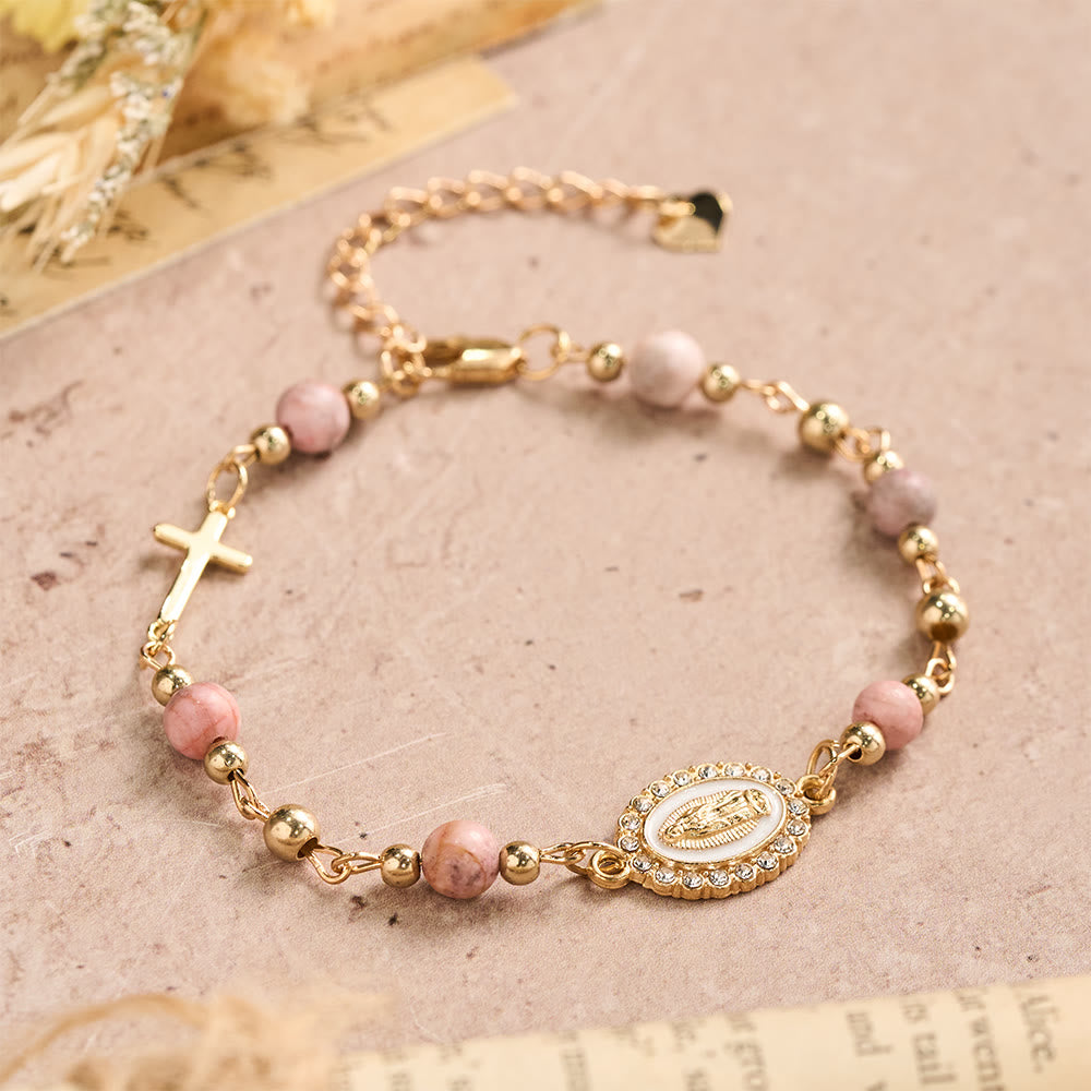 Christianartworkshop Bracelet ajustable avec plaque ovale en pierre naturelle et croix Notre-Dame : emblème personnalisé de la foi céleste inébranlable - image 8
