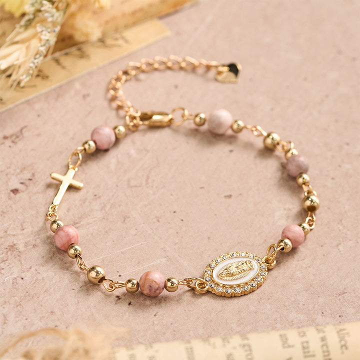 Christianartworkshop Bracelet ajustable avec plaque ovale en pierre naturelle et croix Notre-Dame : emblème personnalisé de la foi céleste inébranlable - image 8