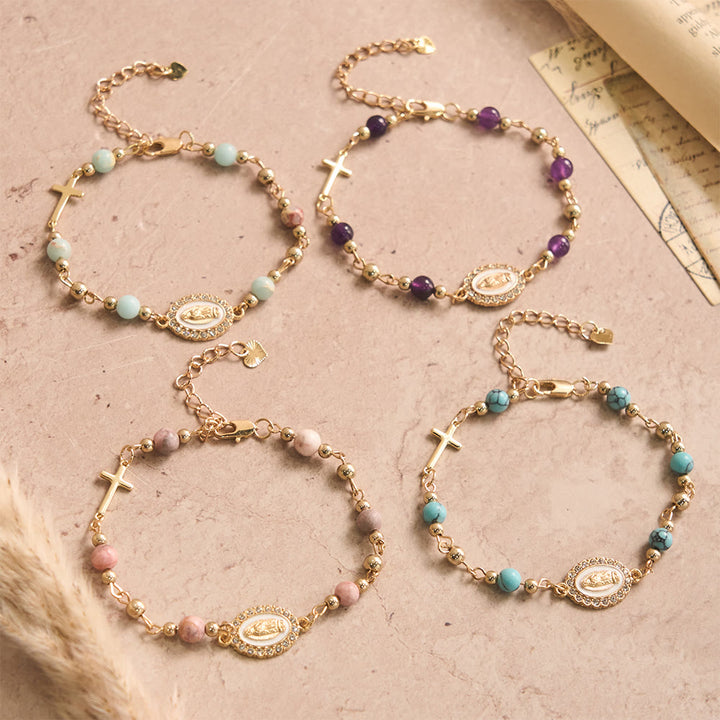 Christianartworkshop Bracelet ajustable avec plaque ovale en pierre naturelle et croix Notre-Dame : emblème personnalisé de la foi céleste inébranlable - image 0