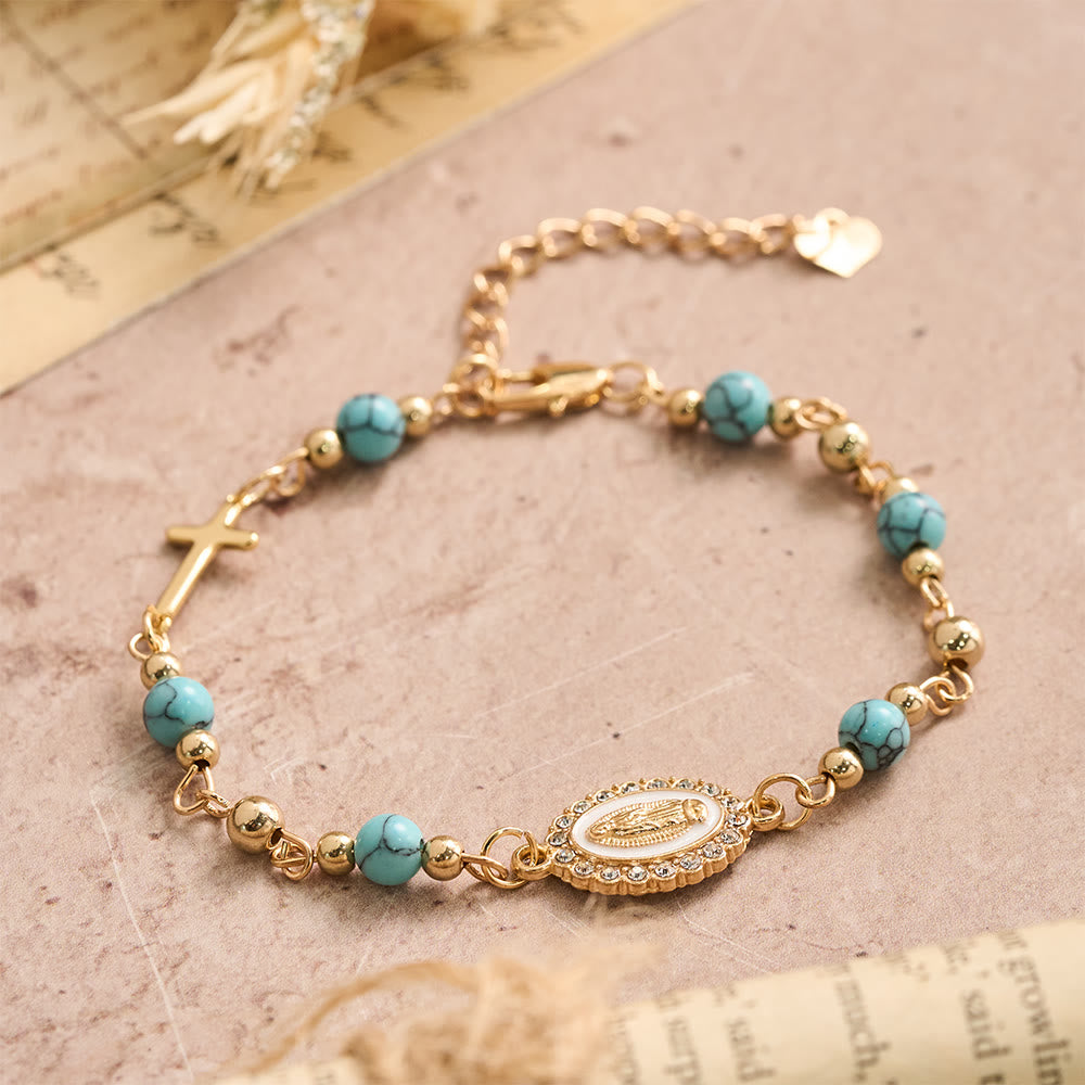 Christianartworkshop Bracelet ajustable avec plaque ovale en pierre naturelle et croix Notre-Dame : emblème personnalisé de la foi céleste inébranlable - image 4