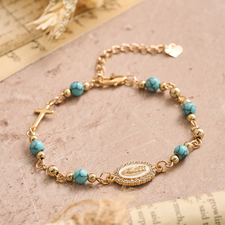 Christianartworkshop Bracelet ajustable avec plaque ovale en pierre naturelle et croix Notre-Dame : emblème personnalisé de la foi céleste inébranlable - image 4