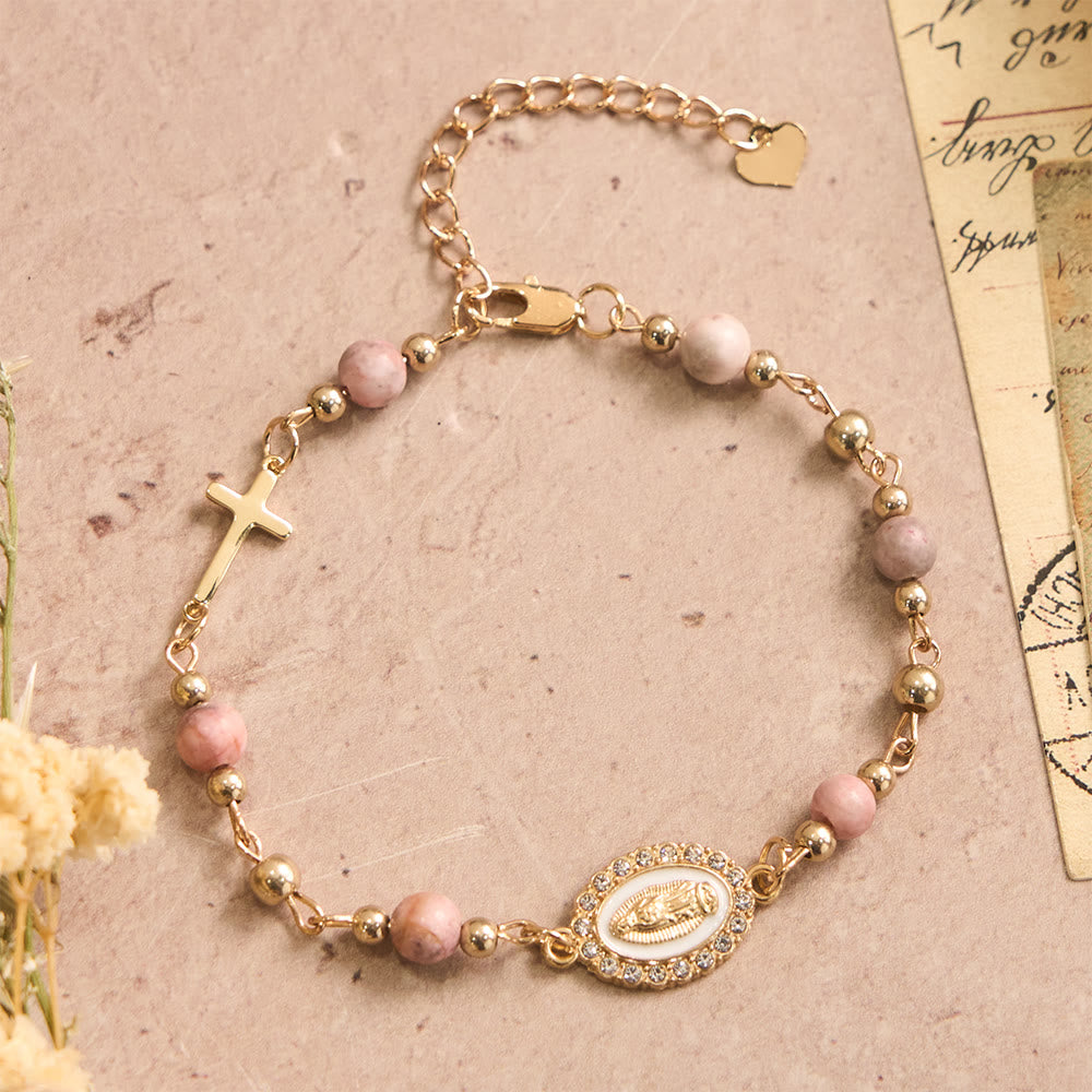 Christianartworkshop Bracelet ajustable avec plaque ovale en pierre naturelle et croix Notre-Dame : emblème personnalisé de la foi céleste inébranlable - Notre-Dame et jaspe zèbre rose - image 7