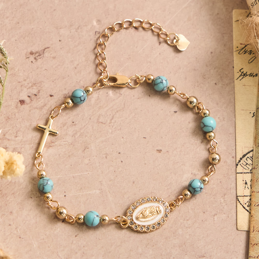Christianartworkshop Bracelet ajustable avec plaque ovale en pierre naturelle et croix Notre-Dame : emblème personnalisé de la foi céleste inébranlable - Notre-Dame et turquoise bleue - image 3