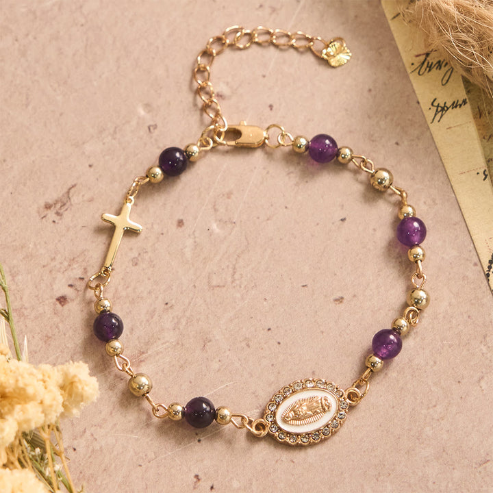 Christianartworkshop Bracelet ajustable avec plaque ovale en pierre naturelle et croix Notre-Dame : emblème personnalisé de la foi céleste inébranlable - Notre-Dame et Améthyste - image 1