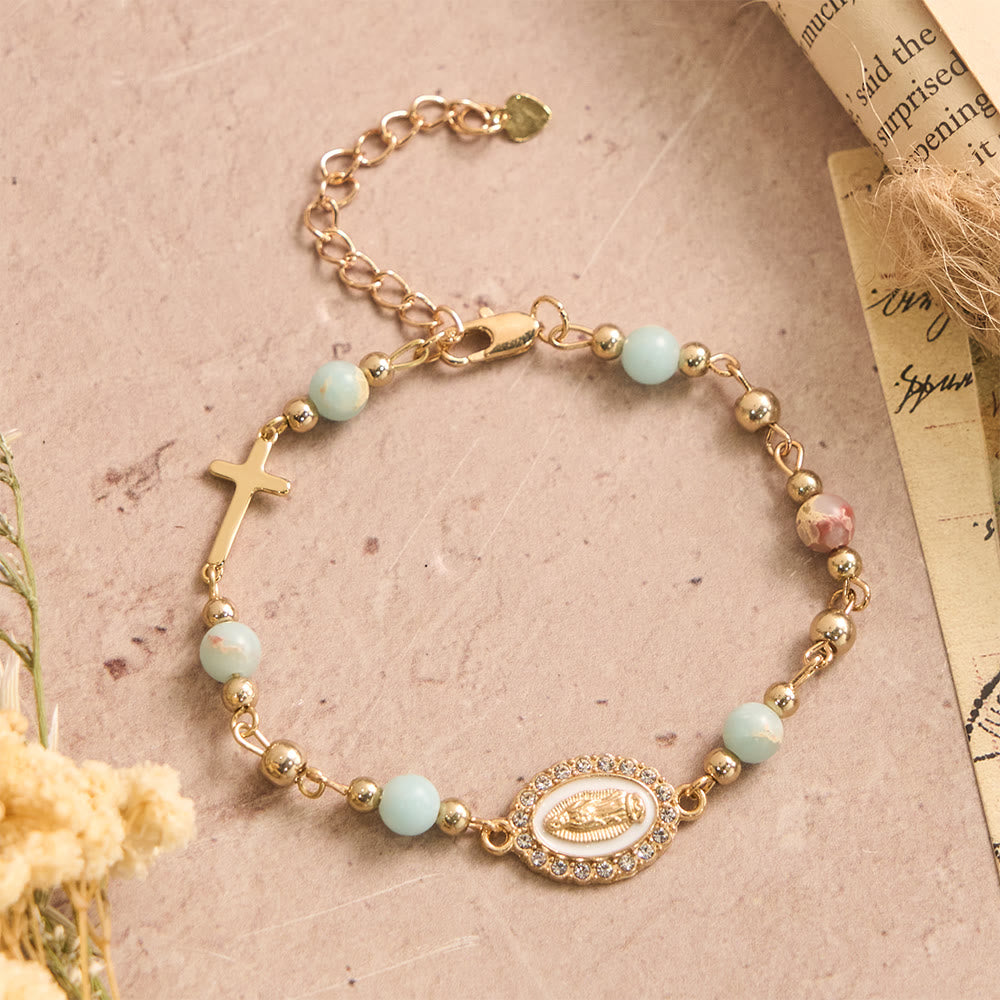 Christianartworkshop Bracelet ajustable avec plaque ovale en pierre naturelle et croix Notre-Dame : emblème personnalisé de la foi céleste inébranlable - Notre-Dame et la pierre de Shoushan - image 5