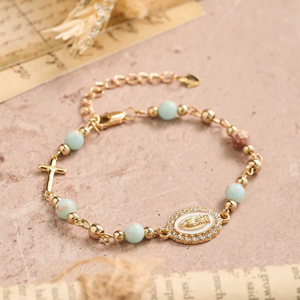 Christianartworkshop Bracelet ajustable avec plaque ovale en pierre naturelle et croix Notre-Dame : emblème personnalisé de la foi céleste inébranlable - image 6