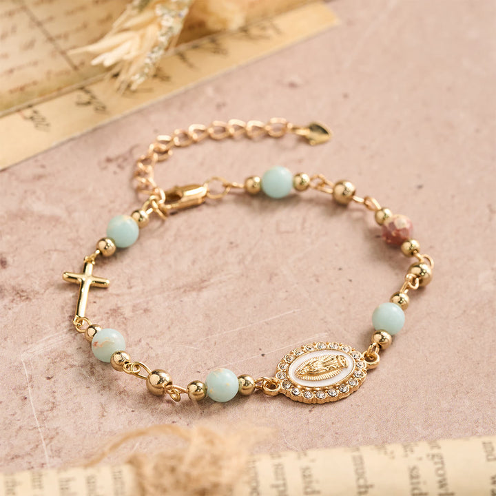 Christianartworkshop Bracelet ajustable avec plaque ovale en pierre naturelle et croix Notre-Dame : emblème personnalisé de la foi céleste inébranlable - image 6