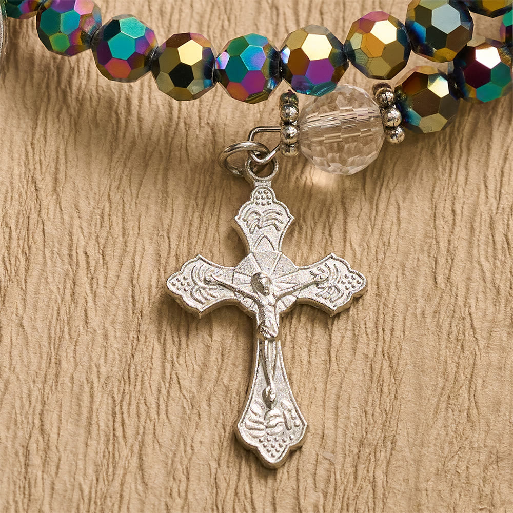 Christianartworkshop Bracelet crucifix orné d'une médaille de la Vierge Marie en perles à facettes : emblème personnalisé de la foi céleste inébranlable - image 4