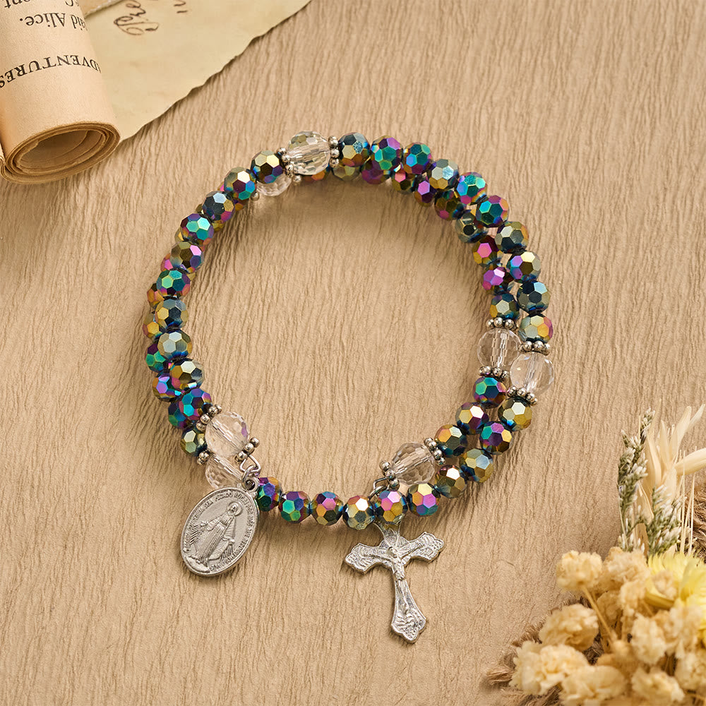 Christianartworkshop Bracelet crucifix orné d'une médaille de la Vierge Marie en perles à facettes : emblème personnalisé de la foi céleste inébranlable - image 1