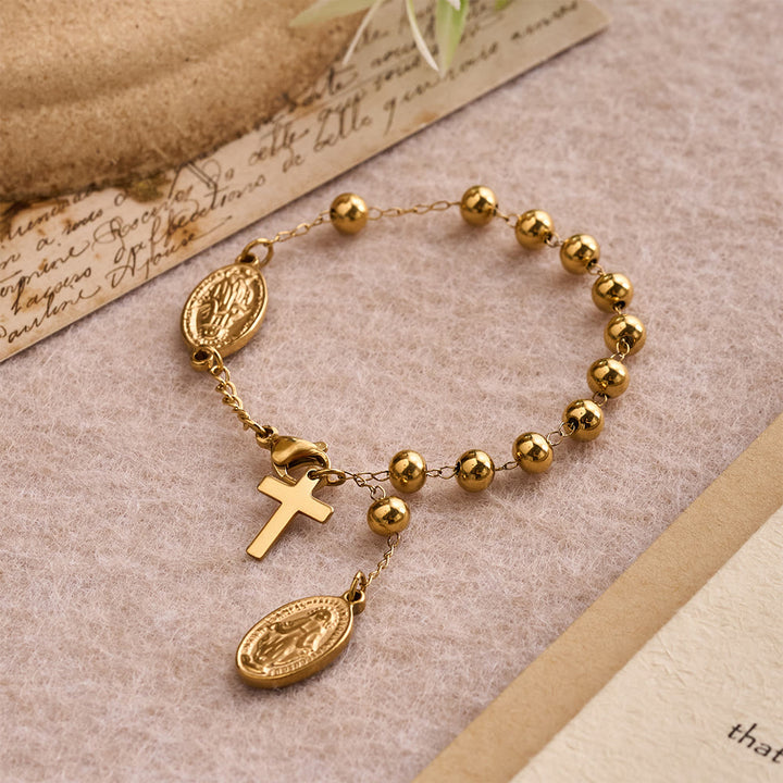 Christianartworkshop Bracelet d'extension avec pendentif croix et médaille de la Vierge Marie, perles rondes lisses : emblème personnalisé de la foi céleste inébranlable - image 2