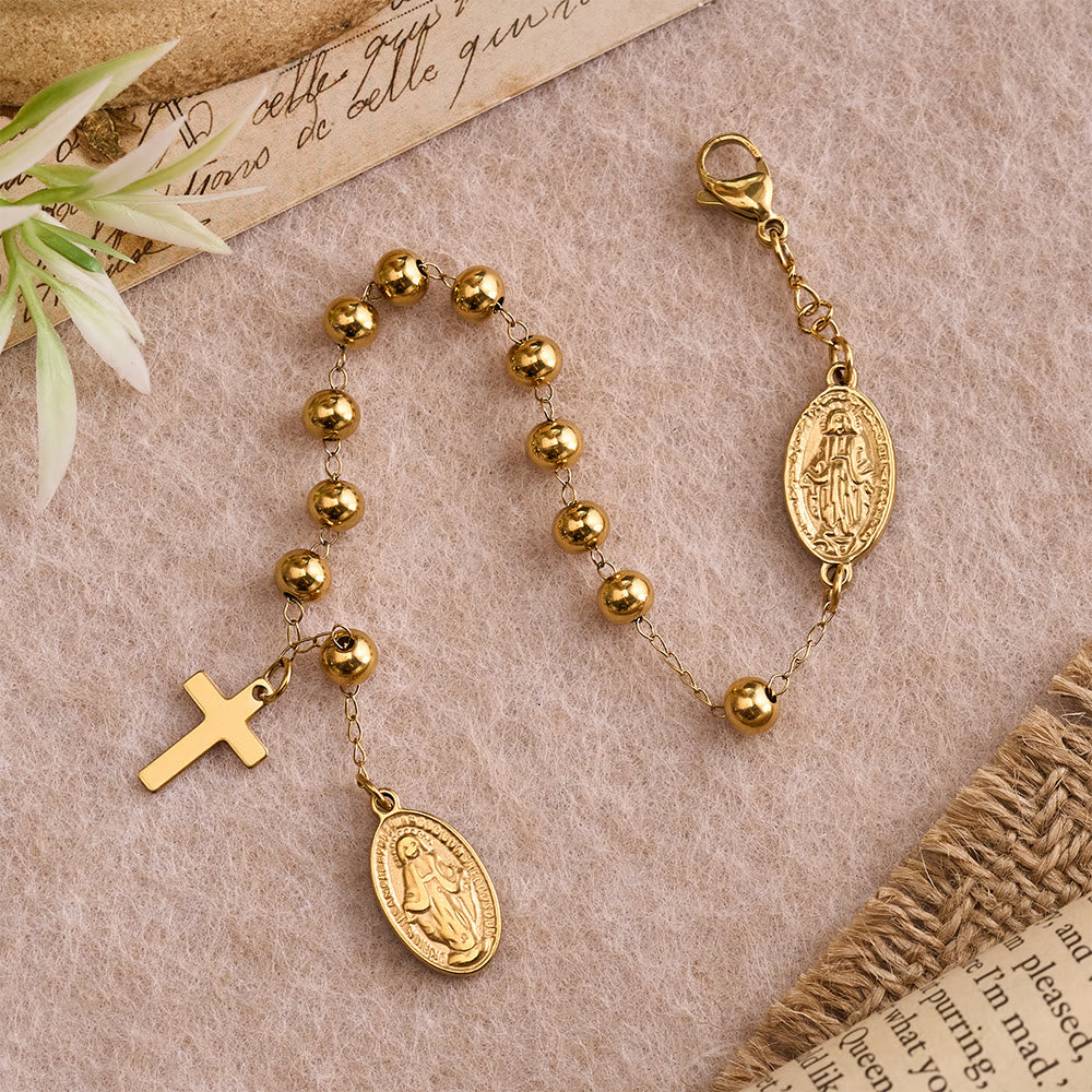 Christianartworkshop Bracelet d'extension avec pendentif croix et médaille de la Vierge Marie, perles rondes lisses : emblème personnalisé de la foi céleste inébranlable - image 1