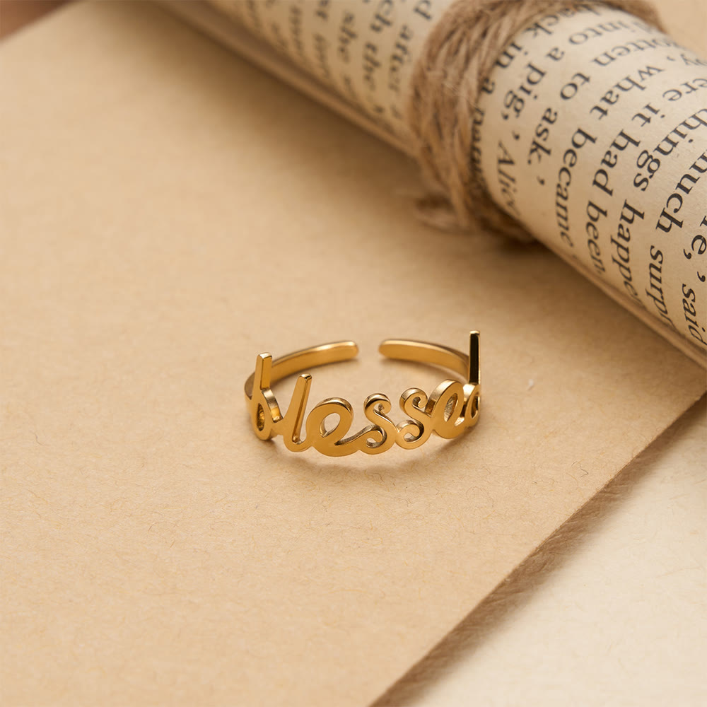 Christianartworkshop Bague ajustable ouverte avec inscription cursive « Parole bénie » : Emblème personnalisé de foi céleste inébranlable - image 3